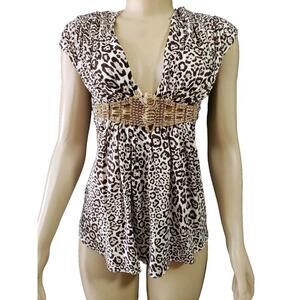 Sky The Label Rhinestones Women's Top Blouse Size S Brown Animal Print NEW